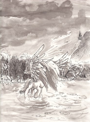 Size: 2472x3344 | Tagged: safe, artist:mcstalins, princess celestia, alicorn, pony, monochrome, solo, traditional art, water