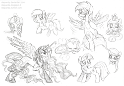 Size: 900x630 | Tagged: safe, artist:stepandy, derpy hooves, fluttershy, minuette, octavia melody, princess cadance, princess celestia, rainbow dash, twilight sparkle, alicorn, earth pony, pegasus, pony, filly, magic, monochrome, sketch, sleeping, toothbrush