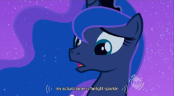 Size: 640x355 | Tagged: safe, screencap, princess luna, twilight sparkle, alicorn, pony, all new, hub logo, open mouth, plot twist, seems legit, text, youtube caption