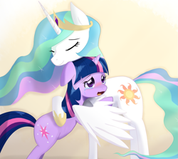 Size: 855x761 | Tagged: safe, artist:aymint, princess celestia, twilight sparkle, alicorn, pony, comforting, comforting twilight, crying, hug, momlestia, pixiv