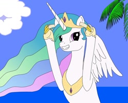 Size: 994x803 | Tagged: safe, artist:wetwyatt, princess celestia, alicorn, pony, banana, palm tree, parody, smiling, solo, startropics, tree