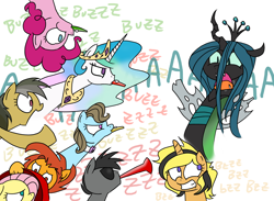 Size: 1500x1100 | Tagged: safe, artist:grilledcat, beauty brass, daring do, fluttershy, pinkie pie, princess celestia, queen chrysalis, oc, alicorn, changeling, changeling queen, earth pony, pegasus, pony, unicorn, background pony, female, in which pinkie pie forgets how to gravity, kazoo, male, mare, musical instrument, pinkie being pinkie, pinkie physics, stallion, vuvuzela