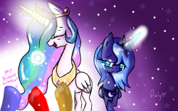 Size: 2560x1600 | Tagged: safe, artist:dj-skulllover, princess celestia, princess luna, alicorn, pony, crown, female, horn, mare, siblings, sisters