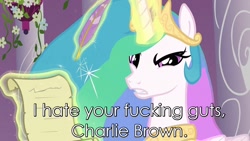 Size: 1280x720 | Tagged: safe, princess celestia, alicorn, pony, bitchlestia, charlie brown, god hates charlie brown, image macro, peanuts, text, visual pun, vulgar