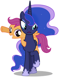 Size: 3883x5000 | Tagged: safe, artist:zutheskunk traces, princess luna, scootaloo, alicorn, pony, ponies riding ponies, raised hoof, simple background, transparent background, vector, vector trace