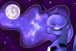 Size: 900x600 | Tagged: safe, artist:twighat, princess luna, alicorn, pony, bust, eyes closed, female, full moon, horn, jewelry, mare, mare in the moon, moon, portrait, profile, regalia, solo, space, tiara