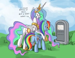 Size: 910x700 | Tagged: safe, princess celestia, rainbow dash, alicorn, pegasus, pony, butt, celestia's grave meme, exploitable meme, female, implied death, mare, plot