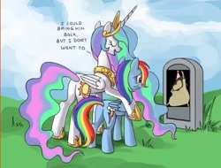 Size: 512x389 | Tagged: safe, princess celestia, rainbow dash, alicorn, pegasus, pony, butt, celestia's grave meme, exploitable meme, female, hashbro, implied death, mare, meme, plot