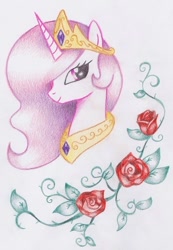 Size: 472x681 | Tagged: safe, artist:miyukikyki, princess celestia, alicorn, pony, portrait, rose, solo, traditional art