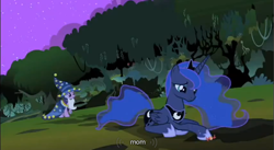 Size: 855x469 | Tagged: safe, screencap, princess luna, star swirl the bearded, twilight sparkle, alicorn, pony, luna eclipsed, mom, sad, what a twist, youtube caption