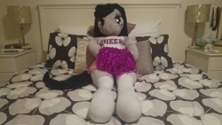 Size: 5312x2988 | Tagged: safe, artist:bigsexyplush, artist:somethingaboutoctavia, octavia melody, anthro, unguligrade anthro, absurd resolution, anthro plushie, bed, bedroom eyes, cheerleader, cheerleader outfit, clothes, costume, covering, cute, doll, hooves, irl, outfit, photo, plushie, pom pom, pose, socks, socktavia, solo, thigh highs, thunder thighs, toy, wide hips