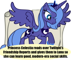 Size: 485x412 | Tagged: safe, princess celestia, princess luna, alicorn, pony, friendship report, headcanon, s1 luna, solo