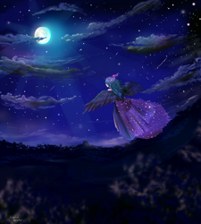 Size: 990x1100 | Tagged: safe, artist:skyeypony, princess luna, cloud, cloudy, horned humanization, humanized, moon, night, scenery, solo, stars, winged humanization