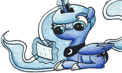 Size: 712x428 | Tagged: safe, artist:theepicblogofponies, princess luna, alicorn, pony, prone, simple background, solo, traditional art