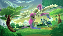 Size: 3000x1688 | Tagged: safe, artist:ruffu, princess celestia, oc, alicorn, pony, flying, park