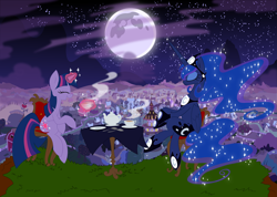 Size: 7685x5471 | Tagged: safe, artist:skutchi, princess luna, twilight sparkle, alicorn, pony, absurd resolution, happy, moon, night, ponyville, tea, tea party