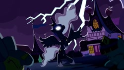 Size: 1136x640 | Tagged: safe, screencap, princess luna, alicorn, pony, luna eclipsed, cowering, dramatic lighting, glowing eyes, lightning, nightmare night, rearing