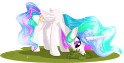 Size: 2000x1024 | Tagged: safe, artist:dcpip, princess celestia, alicorn, pony, cute, cutelestia, grazing, herbivore, horses doing horse things, missing accessory, solo