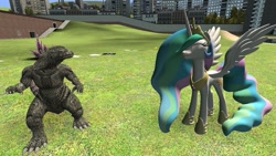 Size: 1024x576 | Tagged: safe, princess celestia, alicorn, kaiju, pony, 3d, gmod, godzilla, godzilla (series), spread wings