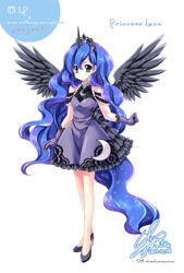 Size: 800x1181 | Tagged: safe, artist:sakuranoruu, princess luna, human, anime, clothes, cute, gloves, high heels, horned humanization, humanized, lunabetes, moe, solo, tailed humanization, winged humanization