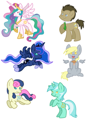 Size: 2975x3850 | Tagged: safe, artist:annakitsun3, bon bon, derpy hooves, doctor whooves, lyra heartstrings, princess celestia, princess luna, sweetie drops, alicorn, pegasus, pony, female, mare