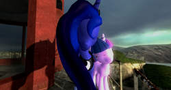 Size: 1280x678 | Tagged: safe, artist:juu50x, princess luna, twilight sparkle, alicorn, pony, 3d, female, gmod, lesbian, shipping, twiluna