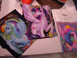 Size: 1024x768 | Tagged: safe, artist:hezaa, princess celestia, rainbow dash, twilight sparkle, twilight sparkle (alicorn), alicorn, pony, clothes, female, irl, mare, merchandise, modern art, nouveau, official, photo, pinklestia, t-shirt, welovefine