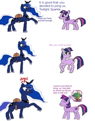 Size: 500x633 | Tagged: safe, artist:juu50x, princess luna, twilight sparkle, alicorn, pony, adventure, comic, drawing, female, humor, lesbian, packing, quest, shipping, shrinking, twiluna