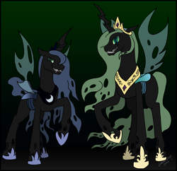 Size: 900x870 | Tagged: safe, artist:shadowolfozo, princess celestia, princess luna, changeling, changeling queen, blue changeling, changelingified, gradient background, green changeling, princess chryslestia, princess lusalis, simple background