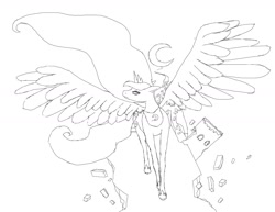 Size: 1600x1232 | Tagged: safe, princess luna, alicorn, pony, dream, dream walker luna, lineart, monochrome, spread wings