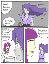 Size: 612x792 | Tagged: safe, artist:inuyuru, princess luna, twilight sparkle, bowtie, cleavage, clothes, comic, dialogue, duo, duo female, eyes closed, female, humanized, smiling, speech bubble