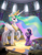 Size: 1275x1650 | Tagged: safe, artist:giantmosquito, princess celestia, twilight sparkle, alicorn, pony, unicorn, :o, book, cute, eye contact, filly, interior, library, looking up, open mouth, raised hoof, saddle bag, scroll, sitting, smiling, twiabetes, weapons-grade cute, younger