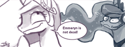 Size: 550x206 | Tagged: safe, artist:johnjoseco, princess celestia, princess luna, alicorn, pony, crown, dialogue, duo, duo female, emmeryn, female, female only, fire emblem, frown, gamer luna, headphones, horn, jewelry, meme, princess spoilestia, raised hoof, raised leg, regalia, royal sisters, siblings, signature, simple background, sisters, speech bubble, white background