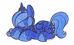 Size: 2303x1406 | Tagged: safe, artist:givenheart, princess luna, alicorn, pony, cute, s1 luna, simple background, sleeping, solo, traditional art