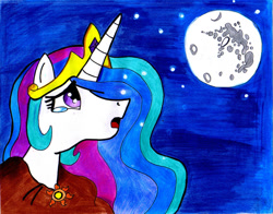 Size: 1011x791 | Tagged: safe, artist:himitsu18, princess celestia, princess luna, alicorn, pony, lullaby for a princess, mare in the moon, moon, night, sad, solo