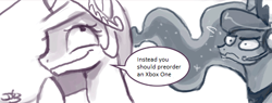 Size: 550x208 | Tagged: safe, artist:johnjoseco, princess celestia, princess luna, alicorn, pony, crown, dialogue, duo, duo female, female, female only, frown, gamer luna, grammar error, headphones, horn, jewelry, meme, princess molestia, princess spoilestia, raised hoof, raised leg, regalia, royal sisters, siblings, signature, simple background, sisters, speech bubble, white background, xbox one