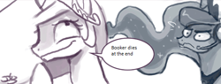 Size: 550x208 | Tagged: safe, artist:johnjoseco, princess celestia, princess luna, alicorn, pony, bioshock infinite, crown, dialogue, duo, duo female, female, female only, frown, gamer luna, headphones, horn, jewelry, meme, princess molestia, princess spoilestia, raised hoof, raised leg, regalia, royal sisters, siblings, signature, simple background, sisters, speech bubble, white background