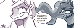 Size: 550x208 | Tagged: safe, artist:johnjoseco, princess celestia, princess luna, alicorn, pony, bioshock infinite, crown, dialogue, duo, duo female, female, female only, frown, gamer luna, headphones, horn, jewelry, meme, princess molestia, princess spoilestia, raised hoof, raised leg, regalia, royal sisters, siblings, signature, simple background, sisters, speech bubble, white background