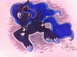 Size: 1024x765 | Tagged: safe, artist:amy mebberson, princess luna, alicorn, pony, flying, looking back, solo, traditional art