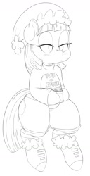 Size: 744x1448 | Tagged: safe, artist:purple-yoshi-draws, maud pie, boots, chocolate, clothes, cup, food, hat, hot chocolate, lidded eyes, mug, santa hat, shirt, simple background, sitting, sketch, socks, solo, thunder thighs, white background