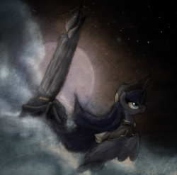 Size: 800x790 | Tagged: safe, artist:hewison, princess luna, alicorn, pony, airship, captain luna, clothes, dark, flying, hat, solo, under a paper moon