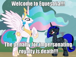 Size: 1036x770 | Tagged: safe, edit, princess celestia, oc, alicorn, pony, pony creator, alicorn oc, caption, crime, image macro, law, meme, text, tyrant celestia