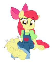 Size: 660x821 | Tagged: safe, artist:dertikleen, apple bloom, anthro, plantigrade anthro, barefoot, clothes, feet, female, fetish, filly, foot fetish, foot focus, itchy, overalls, scratching, simple background, sitting, soles, solo, toes, white background, wiggle, wiggling toes