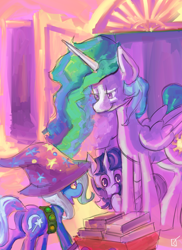 Size: 2800x3850 | Tagged: safe, artist:fauxsquared, princess celestia, trixie, twilight sparkle, alicorn, pony, filly, filly guides