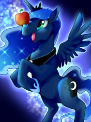 Size: 600x800 | Tagged: safe, artist:nabe, princess luna, alicorn, pony, apple, rearing, solo