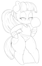 Size: 869x1343 | Tagged: safe, artist:purple-yoshi-draws, maud pie, earth pony, semi-anthro, alternate hairstyle, ball, clothes, lidded eyes, lineart, monochrome, ponytail, simple background, solo, sweatband, tanktop, thunder thighs, white background