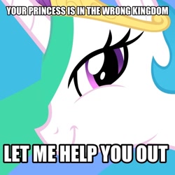 Size: 800x800 | Tagged: safe, princess celestia, alicorn, pony, female, horn, image macro, mare, multicolored mane, solo, twiface, white coat, wrong neighborhood