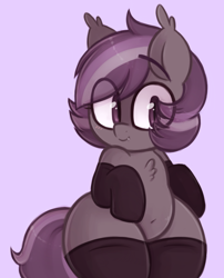 Size: 896x1108 | Tagged: safe, artist:toroitimu, oc, oc only, oc:iris, bat pony, pony, belly button, bipedal, blushing, bottom heavy, chest fluff, clothes, cute, fangs, looking at you, purple background, simple background, smiling, socks, solo, thunder thighs, wide hips