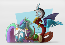 Size: 3320x2314 | Tagged: safe, artist:quinepeather, discord, princess celestia, alicorn, pony, dislestia, female, male, shipping, straight