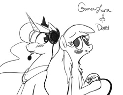 Size: 900x695 | Tagged: safe, artist:bunnimation, derpy hooves, princess luna, alicorn, pegasus, pony, blushing, female, gamer luna, mare, monochrome, sketch